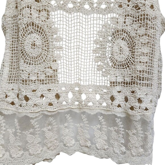 Crochet Vest Womens OS Beige Crochet Lace Hem Sleeveless Open Front Boho Hippie - Picture 6 of 9